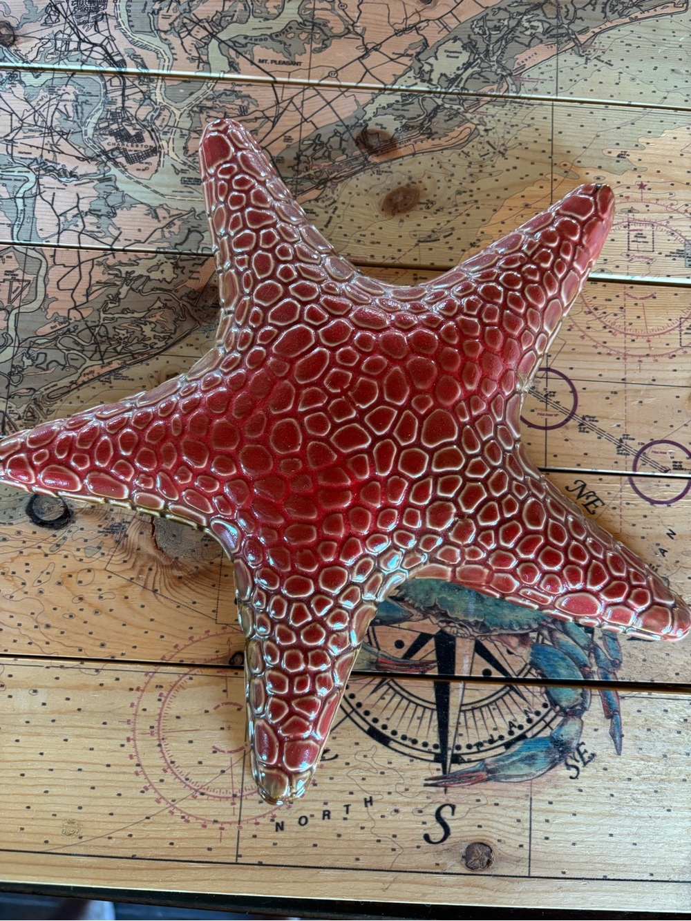 Red Textured Ceramic Starfish Accent